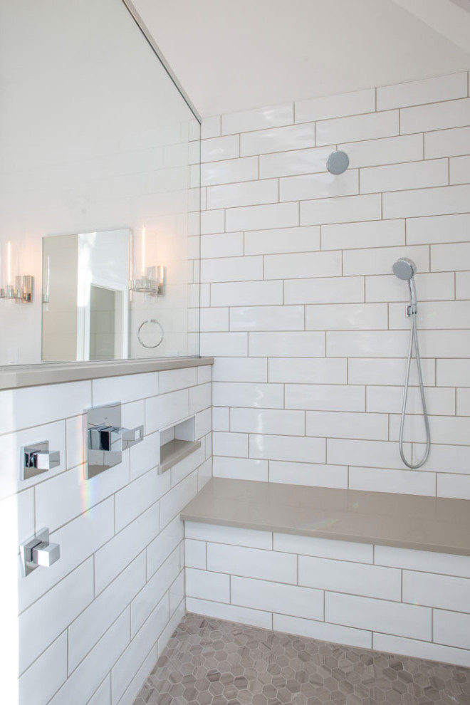 Mid-sized trendy master white tile and mosaic tile medium tone wood floor and single-sink bathroom photo in Santa Barbara with shaker cabinets, dark wood cabinets and an undermount sink