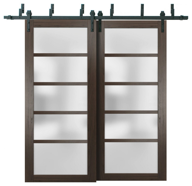 Frosted Glass Barn Bypass Doors, Quadro 4002 Chocolate Ash, 6.6' Rail