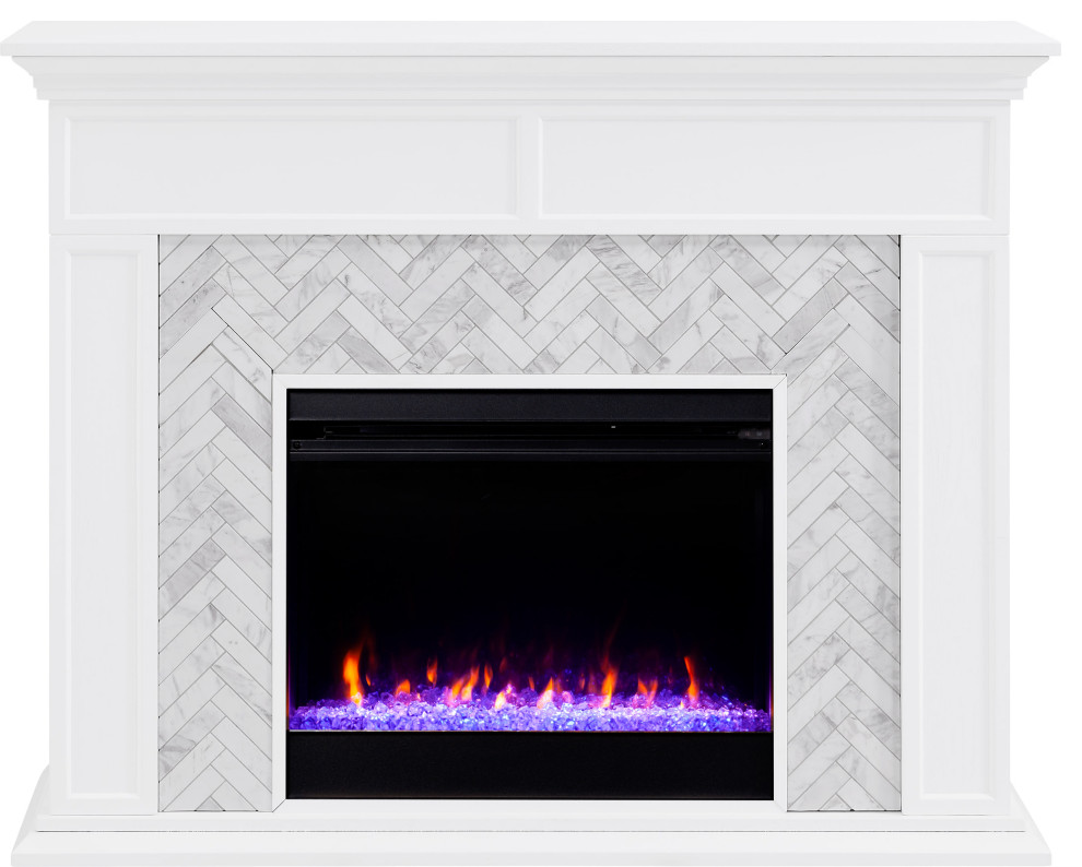 Fireplace Mantel with Smart Firebox - White Finish with White, Gray Marble