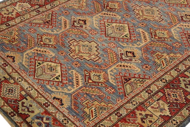 Super Kazak Cyril Light Blue Rust Hand Knotted Rug 4 8x6 8 Southwestern Area Rugs By Bareens Designer Rugs