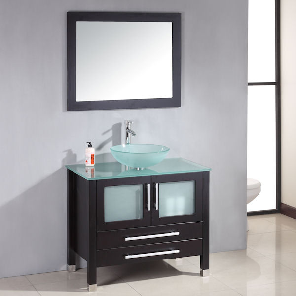 Contemporary 36 inch Solid Wood Glass Vessel Sink Set