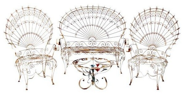 Consigned Vintage Wrought Iron Peacock Garden Furniture 4 Piece