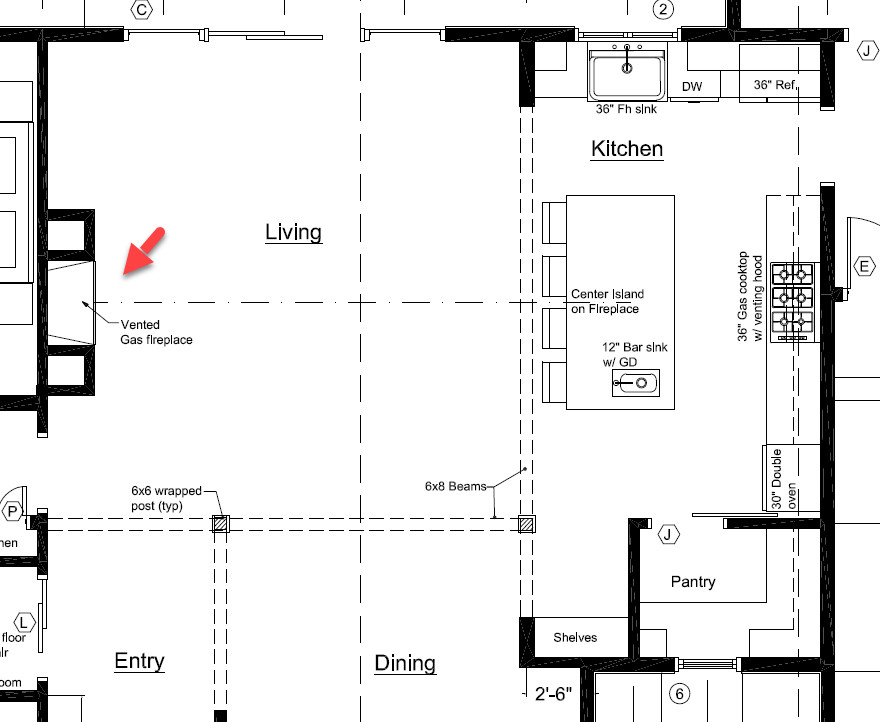 Should kitchen island be centered with LR fireplace when open concept?