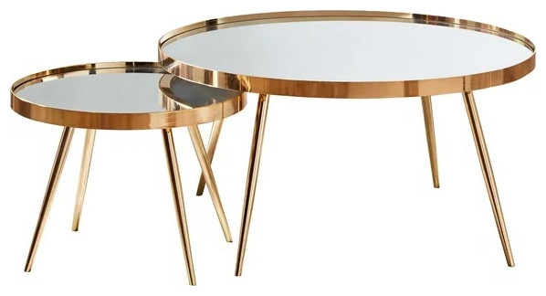Contemporary Nesting Coffee Tables, Electroplated Golden Frame With Mirror Top