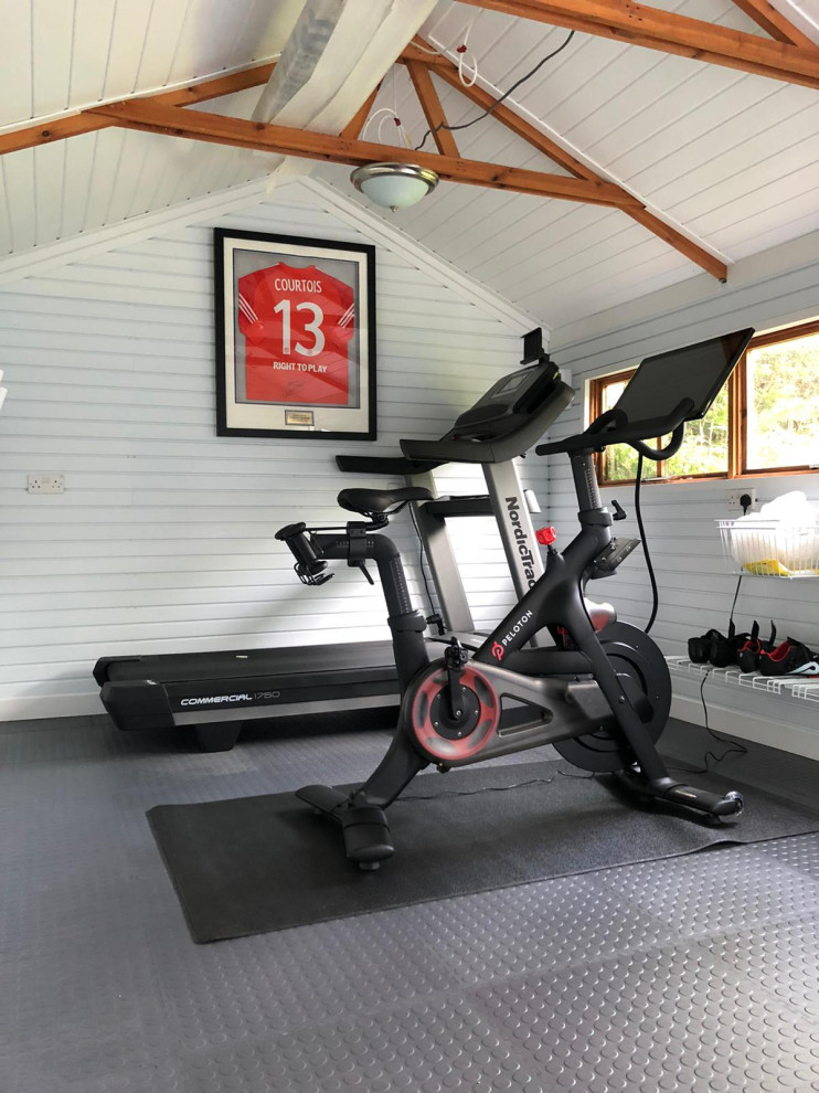 Modern home gym in Buckinghamshire with grey floor and vaulted.