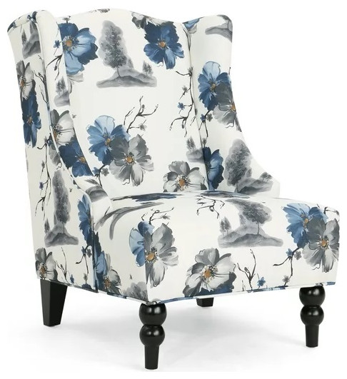 Vintage Contemporary Accent Chair, Unique Floral Patterned Seat With Wingback