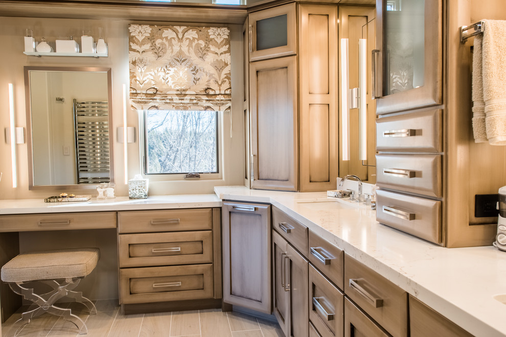 Bathroom - mid-sized rustic master porcelain tile and beige floor bathroom idea in Phoenix with beige walls, an undermount sink, recessed-panel cabinets, light wood cabinets, quartzite countertops and white countertops