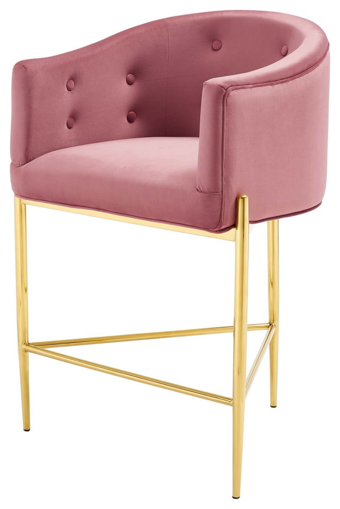 Claude Blush Velvet Counter Stool, Tufted Gold Counter Stool, Glam