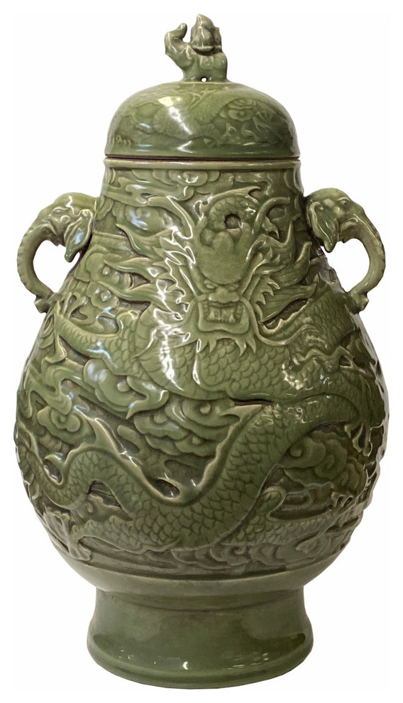 Chinese Ancient style Celadon Ceremonial Jar with Dragon Motif Hws1595