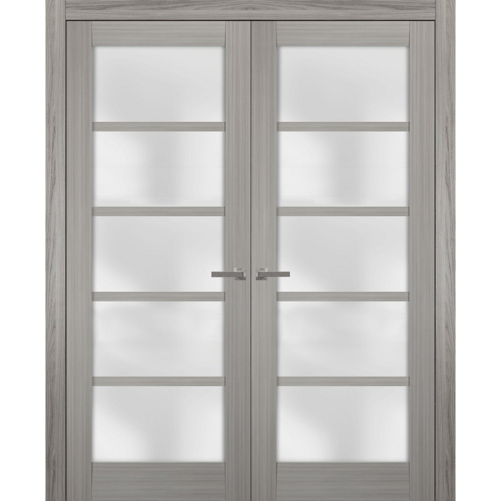 Solid French Double Doors 36 x 80 Frosted Glass, Quadro 4002 Grey Ash