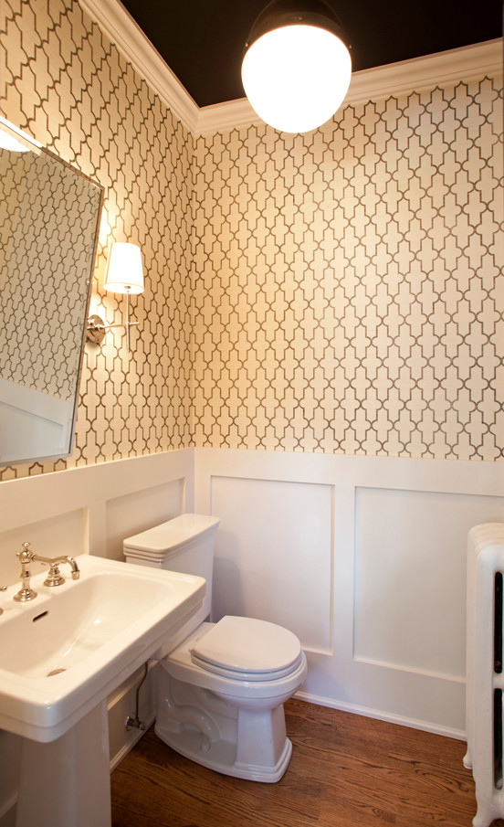 Powder room - traditional powder room idea in Minneapolis with a pedestal sink and a two-piece toilet
