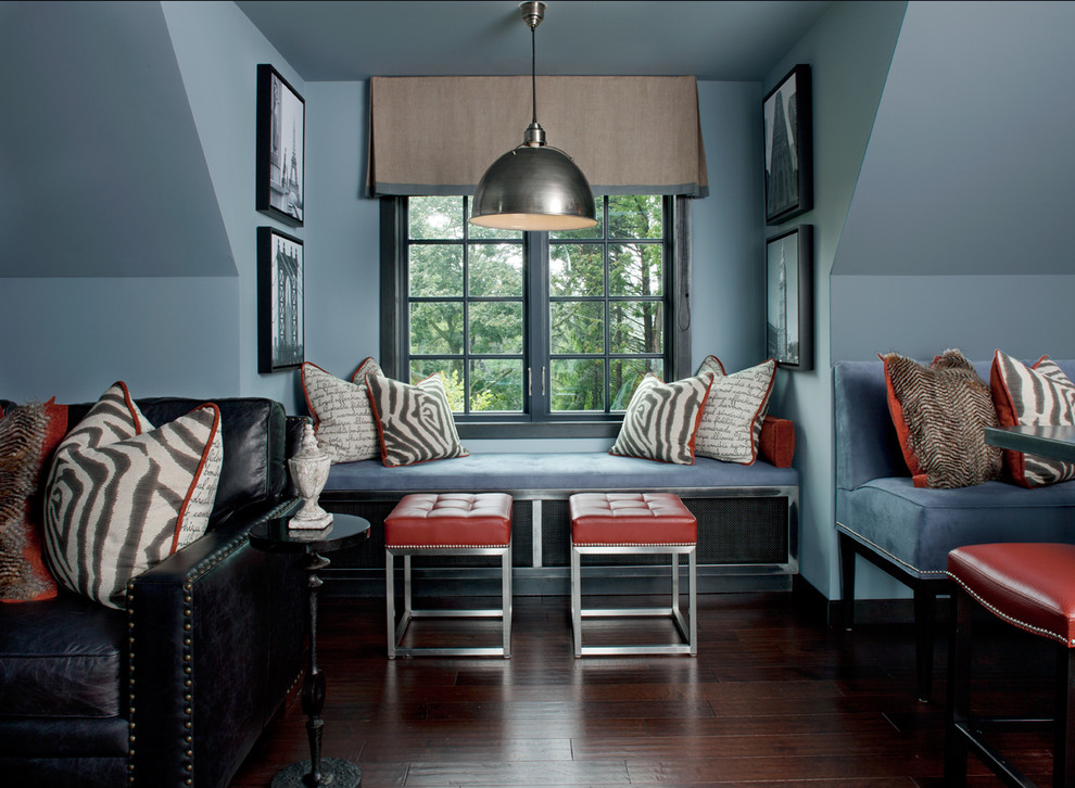 Photo of a contemporary family room in Detroit with grey walls and dark hardwood floors.
