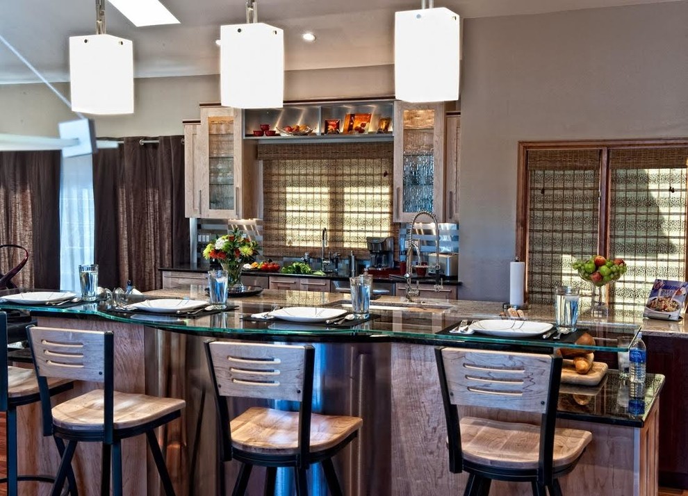 Open concept kitchen - mid-sized rustic galley dark wood floor and brown floor open concept kitchen idea with an undermount sink, shaker cabinets, light wood cabinets, granite countertops, stainless steel appliances and an island