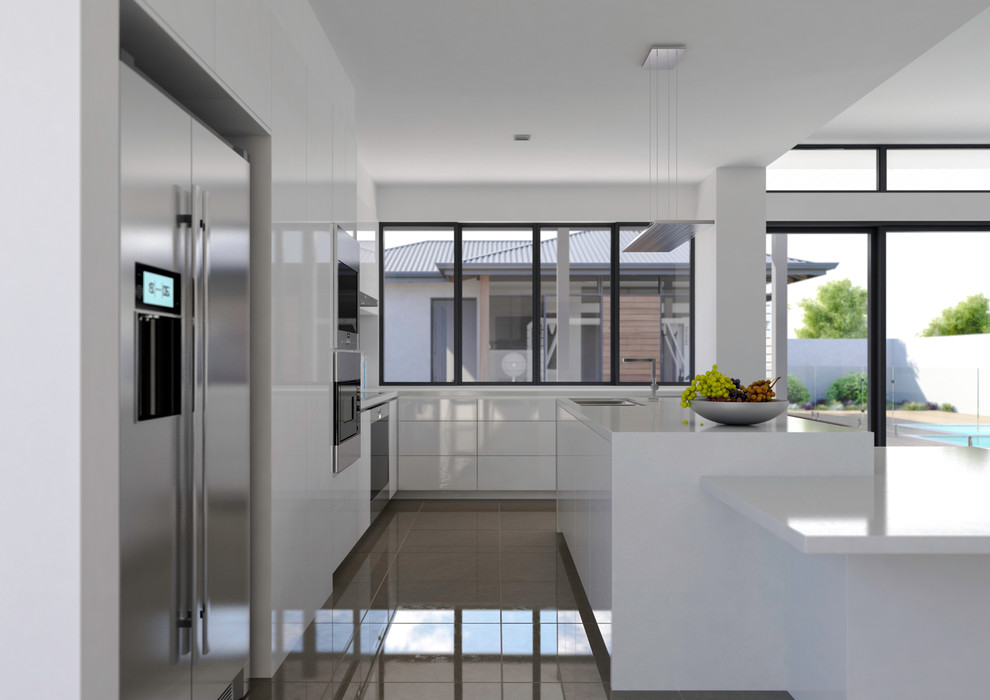 This is an example of a large contemporary l-shaped kitchen pantry in Melbourne with an undermount sink, flat-panel cabinets, white cabinets, quartz benchtops, white splashback, glass sheet splashback, stainless steel appliances, porcelain floors and with island.