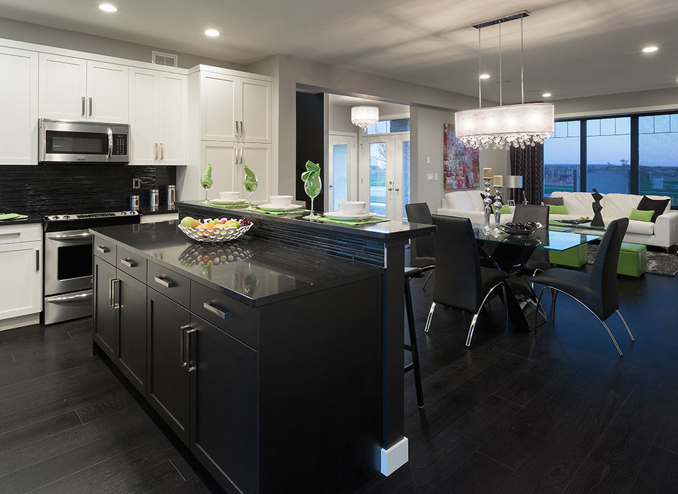 Transitional dark wood floor kitchen photo with white cabinets, black backsplash, stainless steel appliances and an island
