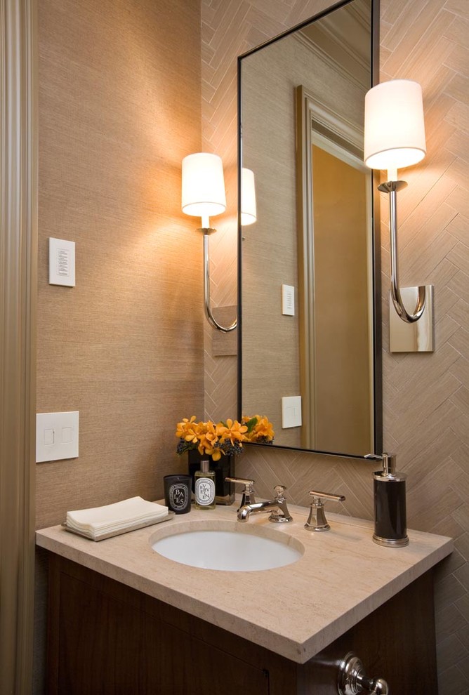Photo of a traditional bathroom in San Francisco with subway tile and an undermount sink.