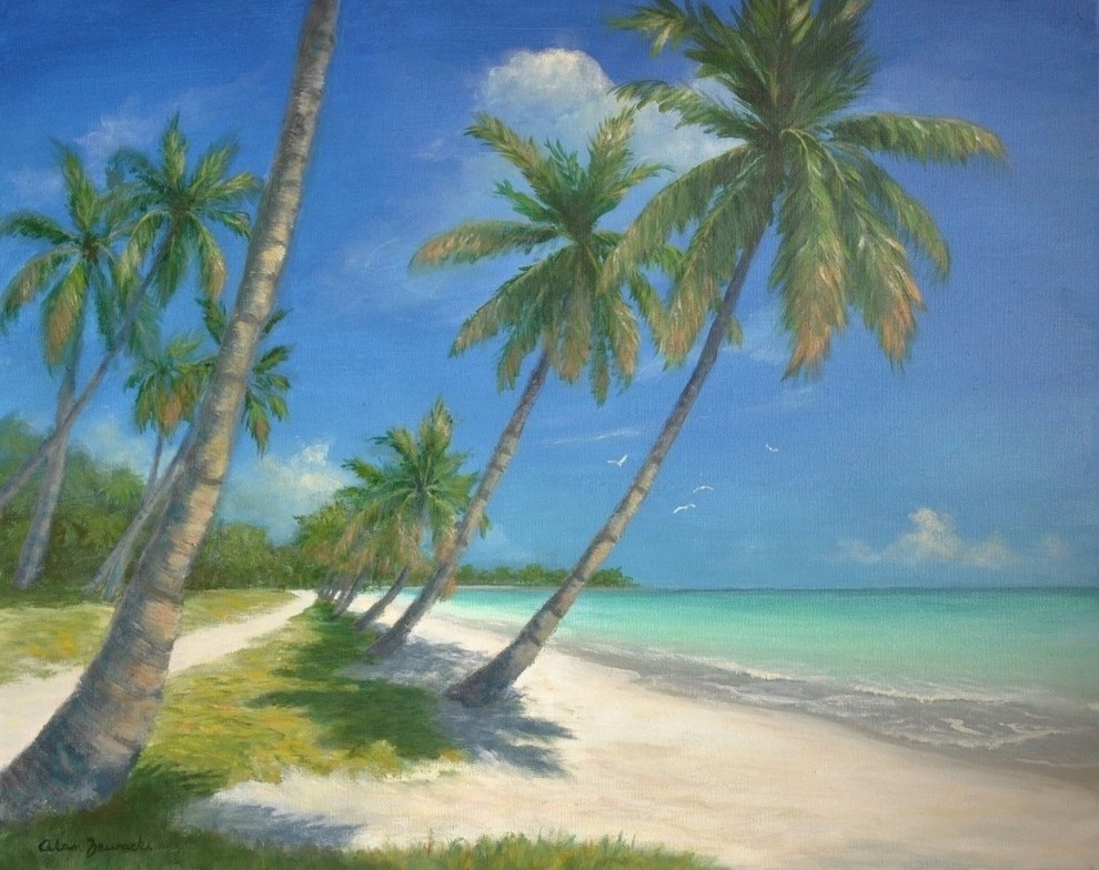 Original Tropical Caribbean Beach Seascape Painting, Palms Tropical