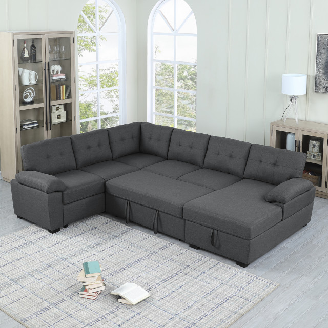 Aine 118" Wide Fiber Sectional Sleeper Sofa & Chaise with Ottoman