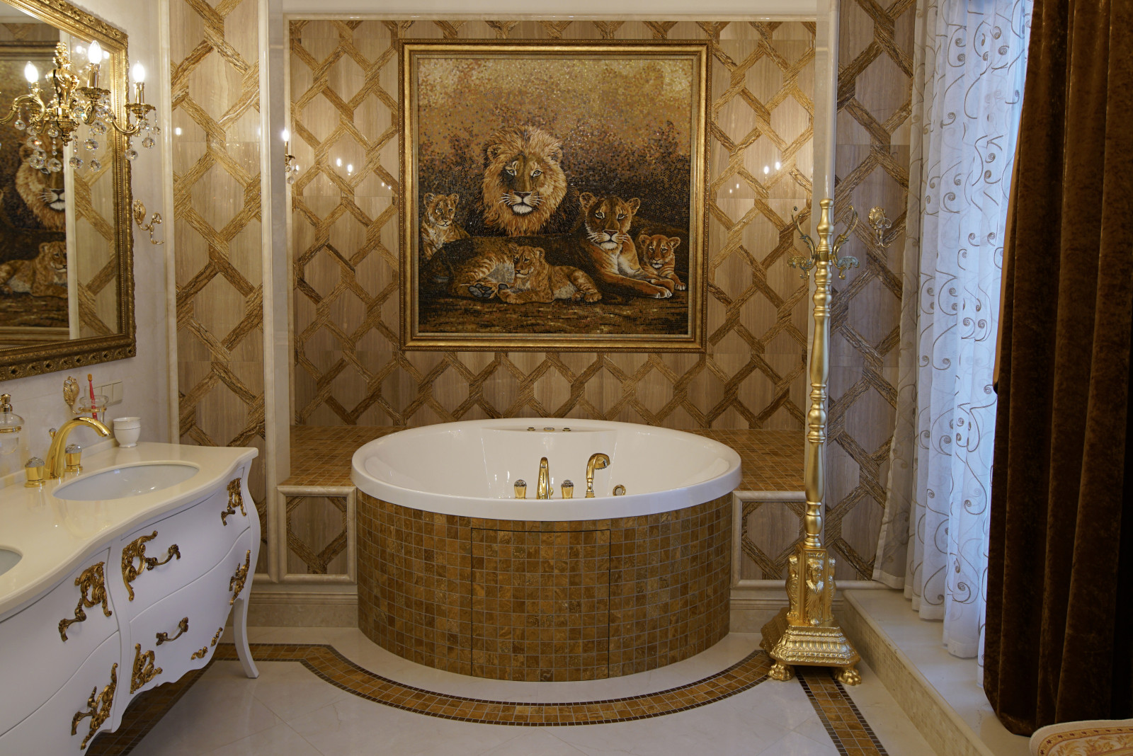Artistic mosaic "LIONS" in the classic bathroom