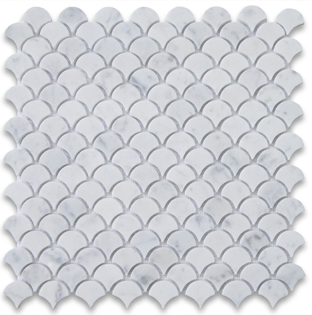 Stone Center Online 12 X12 Carrara White Medium Fish Scale Fan 12 X12 Carrara White Medium Fish Scale Fan Shaped Mosaic Tile Polished Modern