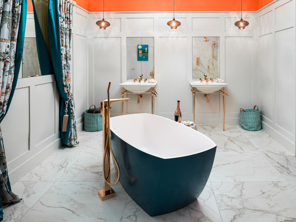 Design ideas for a large eclectic bathroom in Other with a shower/bathtub combo, orange tile, white tile, orange walls, marble floors, white floor and an open shower.