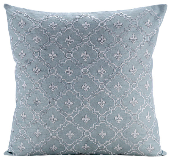 Blue Lattice Trellis Emboridered 24"x24" Silk Pillow Sham, French Nautical