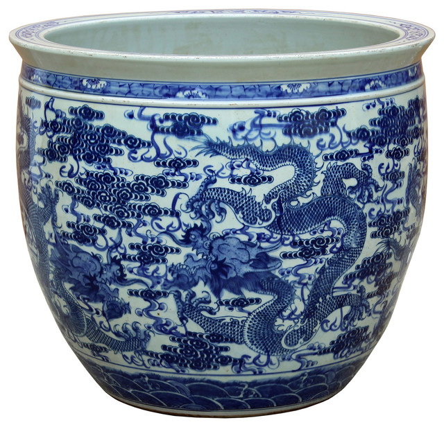 Chinese Vintage Finish Blue White Porcelain Dragons Round Pot Planter Chinese Vintage Finish Blue White Porcelain Dragons Round Pot Planter