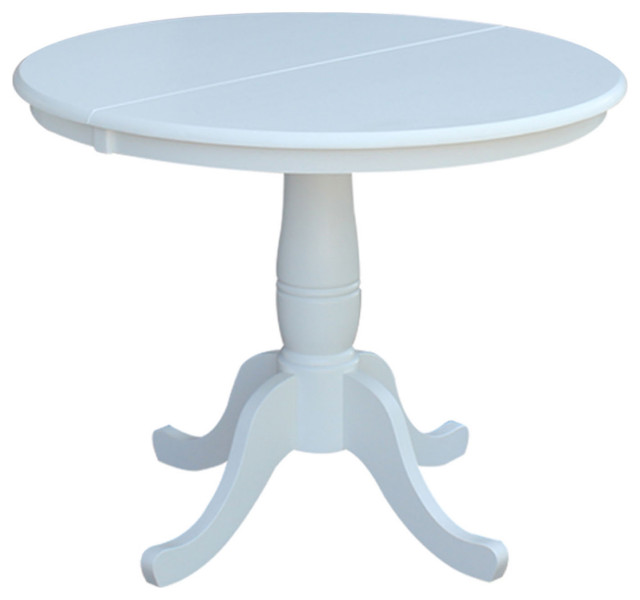 36" Round Top Pedestal Table With 12" Leaf, White, 28.9 Inch High