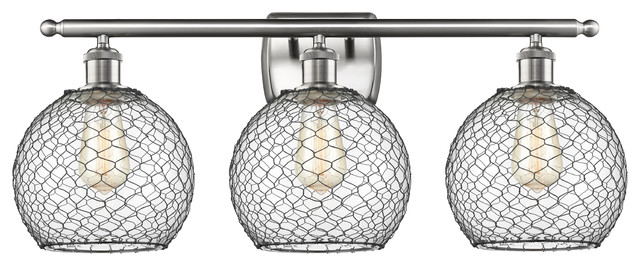 Farmhouse 3-Light Bath Vanity-Light, Brushed Satin, Clear Glass With Black Wire