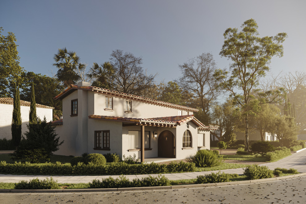 Large mediterranean two-storey stucco house exterior in Los Angeles with a tile roof and a red roof.