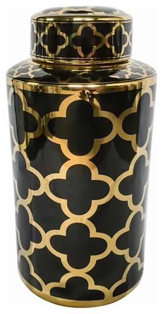 Refined Decorative Ceramic Covered Jar With Lid Black And Gold