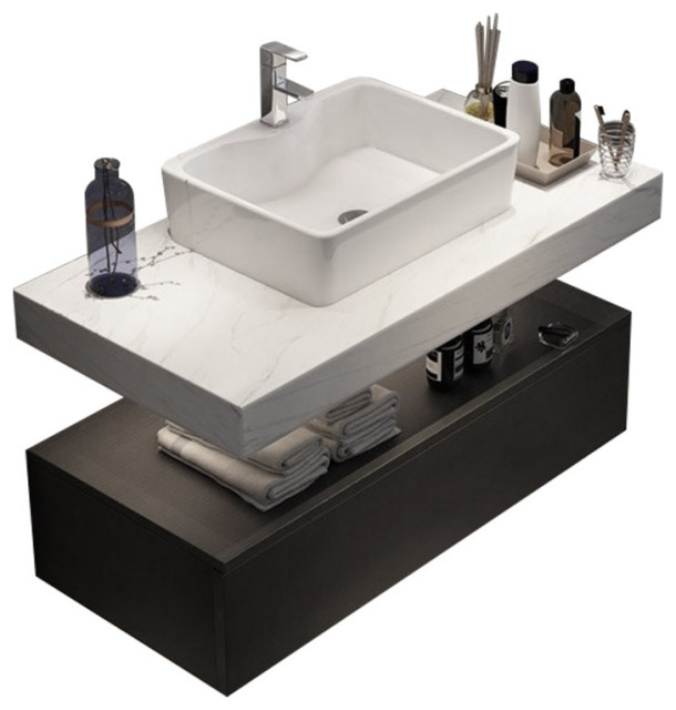 Modern Floating Wall Mounted Bathroom Vanity Sink Set Faux Mable Top&Vessel Sink Modern