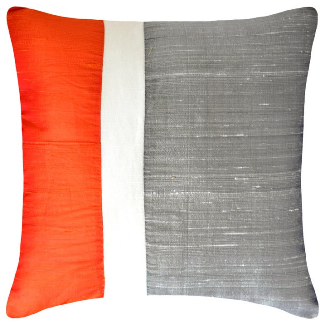 Orange & Grey Silk Color Block Patchwork 16"x16" Pillow Cover - Splendour Orange