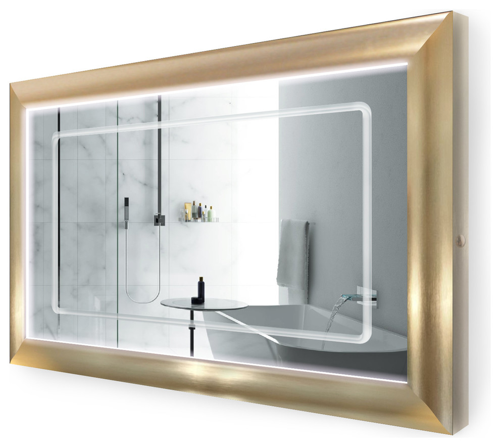 LED Lighted Gold Frame Bathroom Mirror With Defogger, 48"x30"