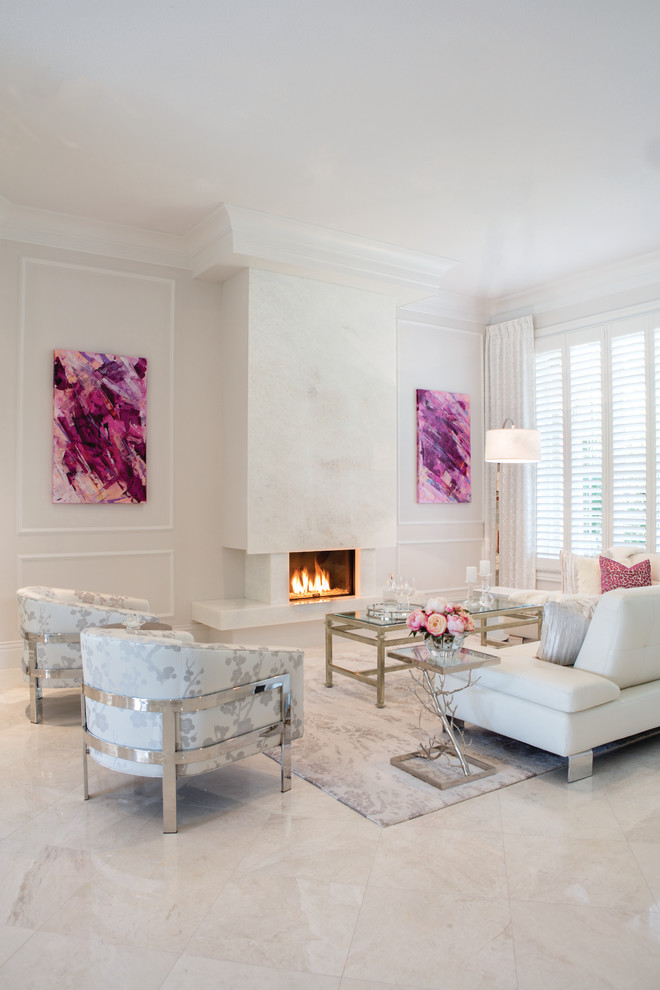Inspiration for a large contemporary formal open concept living room in Miami with white walls, travertine floors, a ribbon fireplace and a stone fireplace surround.