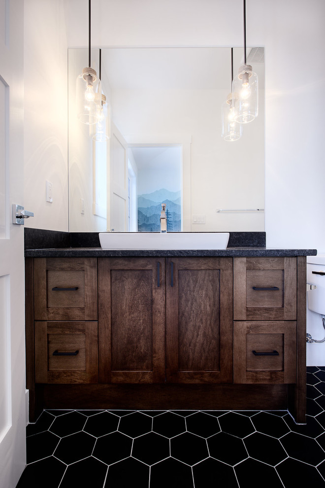 Transitional bathroom photo in Calgary