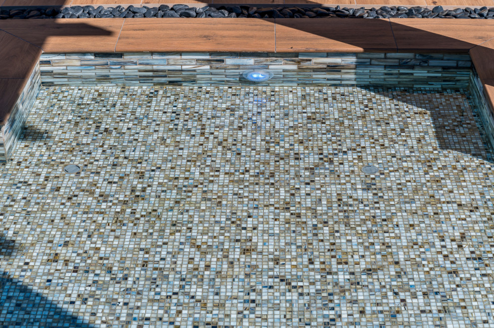Small backyard tile and rectangular pool photo in Phoenix
