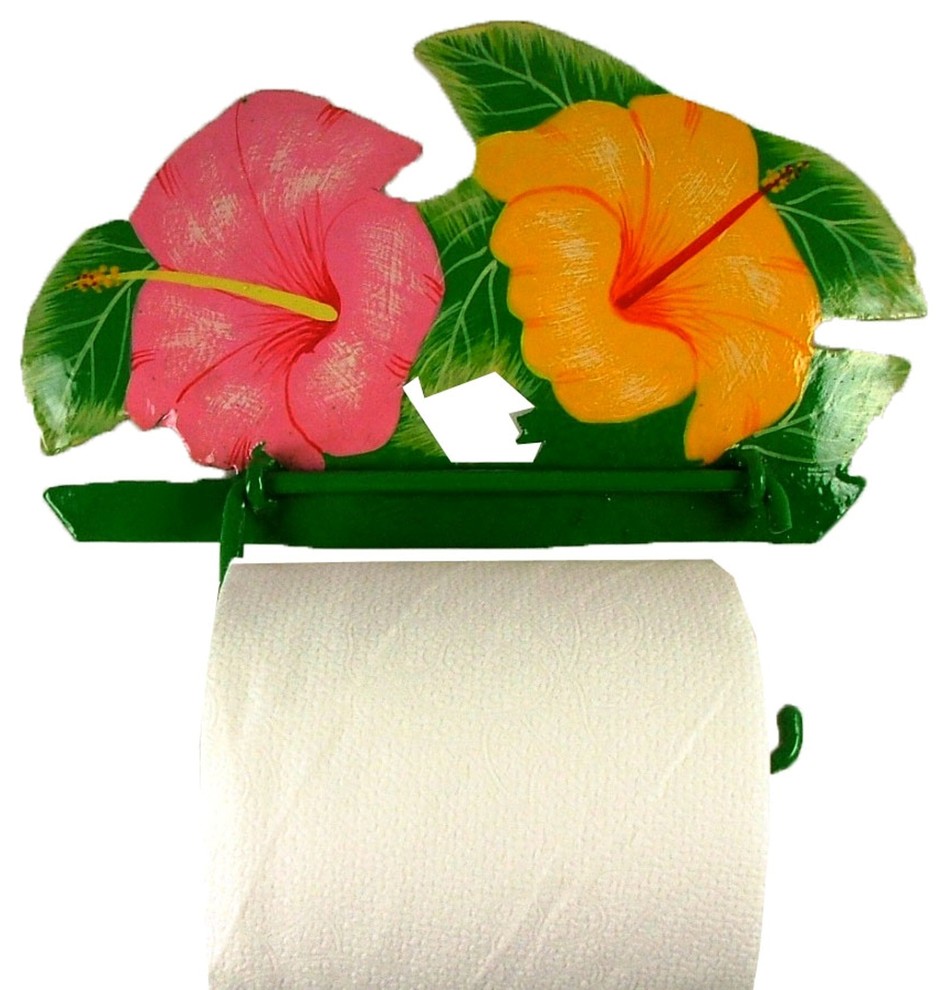 Tropical Hibiscus Toilet Paper TP Holder or Hand Towel Holder Haitian Metal Art