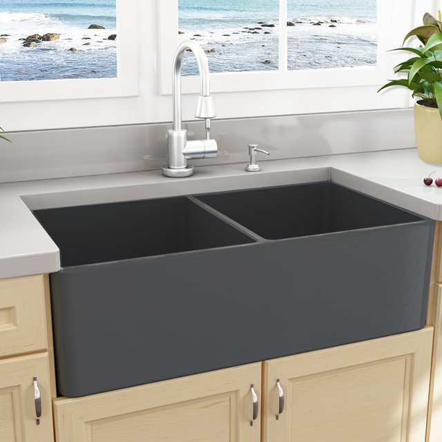 Nantucket Sinks 33 Double Bowl Gray Fireclay Farmhouse Sink