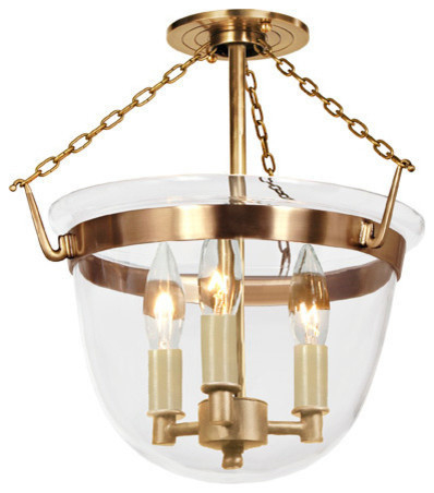 Small Semi Flush Classic Bell Lantern In Clear Glass, Rubbed Brass