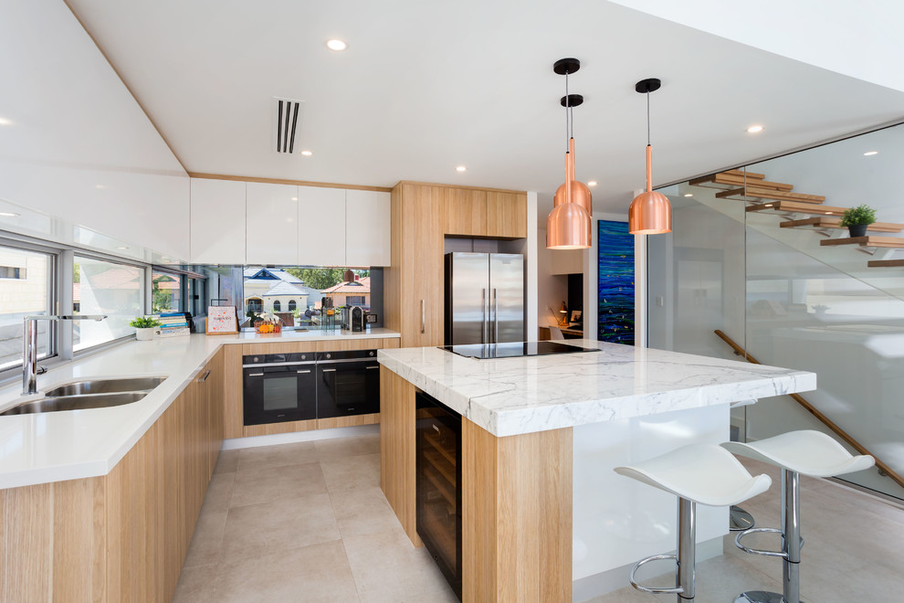 Design ideas for a contemporary l-shaped separate kitchen in Perth with a double-bowl sink, flat-panel cabinets, white cabinets, marble benchtops, glass sheet splashback, stainless steel appliances and with island.