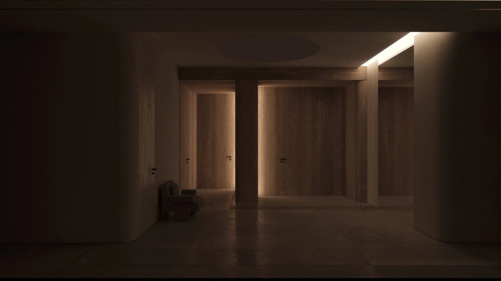Idee per un ingresso o corridoio moderno di medie dimensioni con pareti beige, pavimento in marmo e pavimento beige