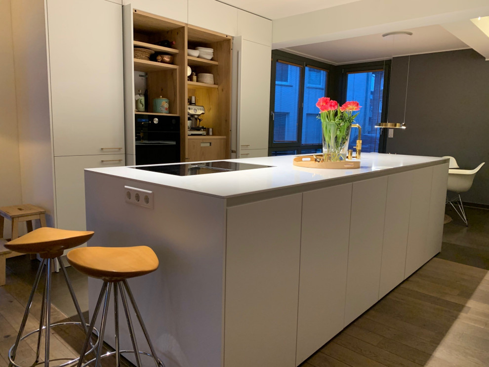 Zweizeilige, Große Moderne Küche mit Quarzwerkstein-Arbeitsplatte, braunem Holzboden und Kücheninsel in Sonstige