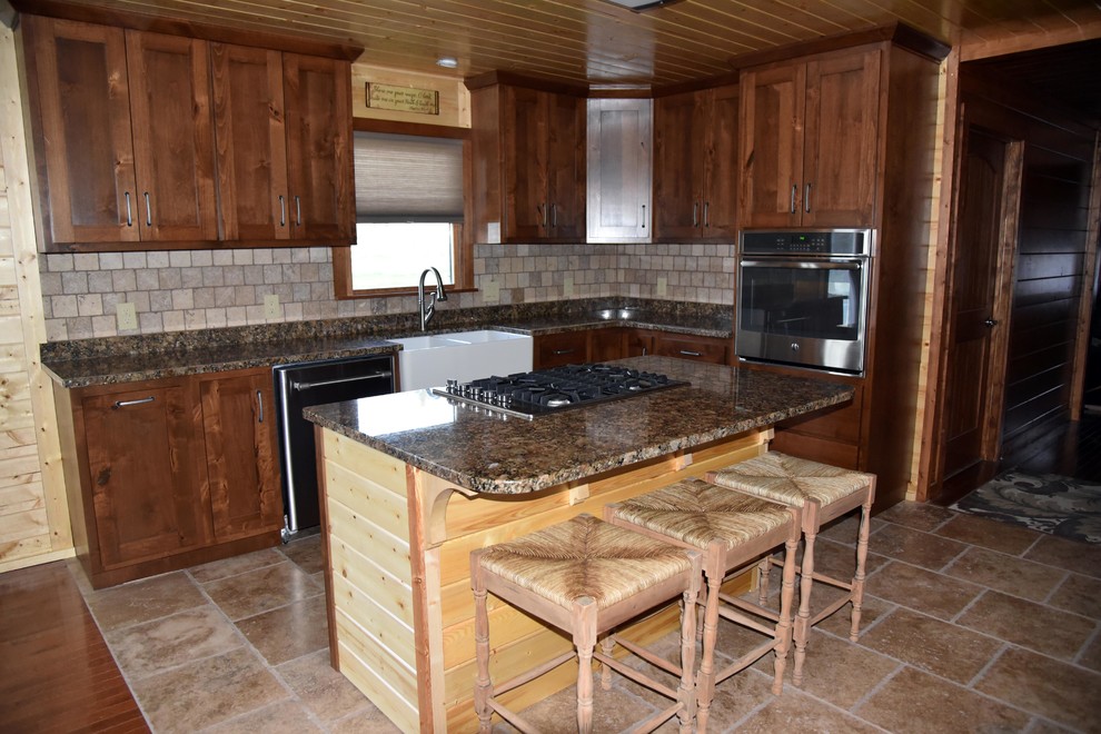 Eat-in kitchen - rustic eat-in kitchen idea with shaker cabinets and medium tone wood cabinets