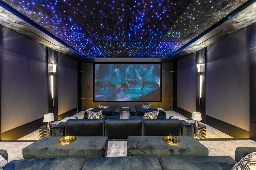 Идея дизайна: большой изолированный домашний кинотеатр в стиле модернизм с черными стенами, ковровым покрытием, телевизором на стене и серым полом