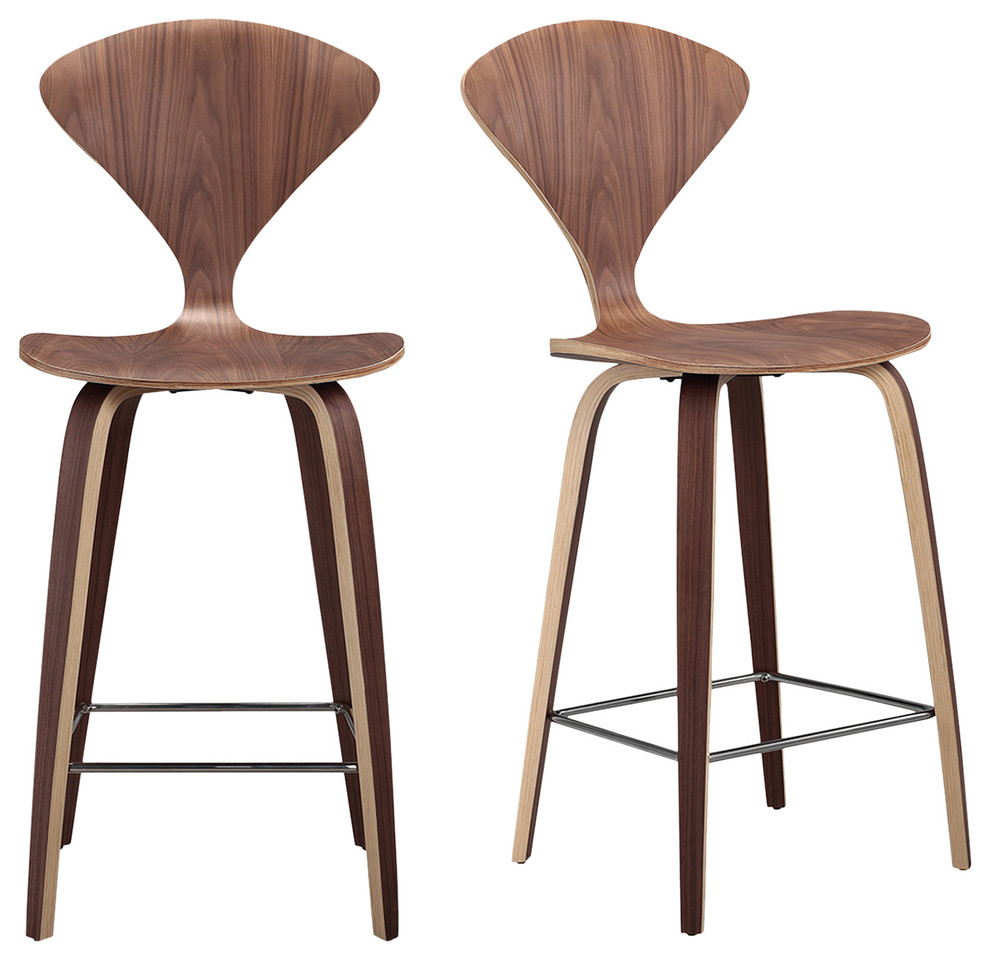 Manta Modern Walnut Wood Bar Stools, Set of 2 Midcentury Bar Stools