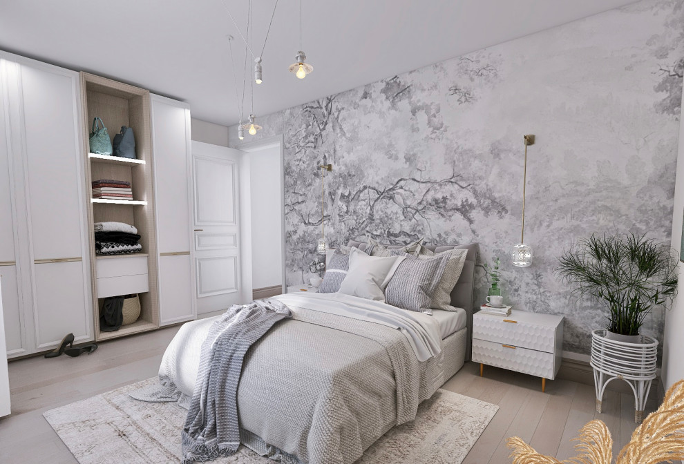 Mittelgroßes Modernes Hauptschlafzimmer mit grauer Wandfarbe, hellem Holzboden, grauem Boden und Tapetenwänden in Nantes