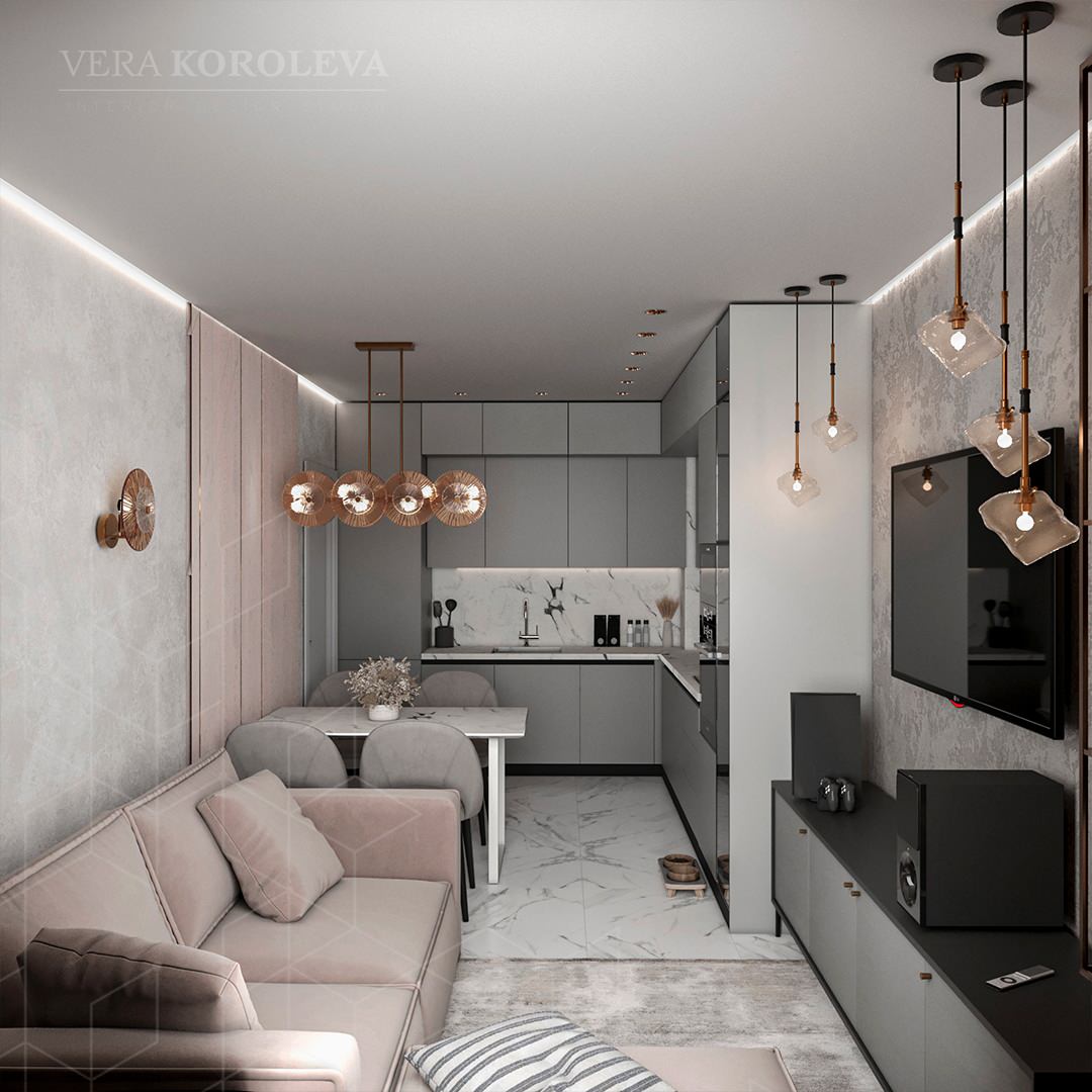 Дизайн-проект двухкомнатной  квартиры с золотыми акцентами в ЖК "Q-Мир"