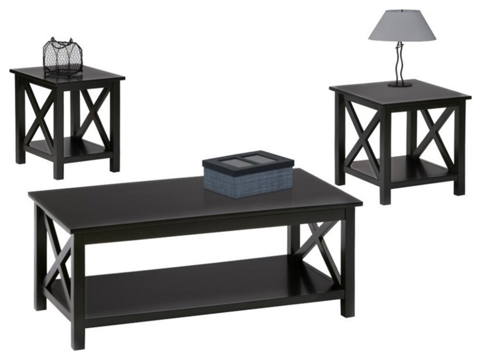 Bowery Hill II 3 Piece Coffee Table Set in Textured Black Finish Transitional Coffee Table
