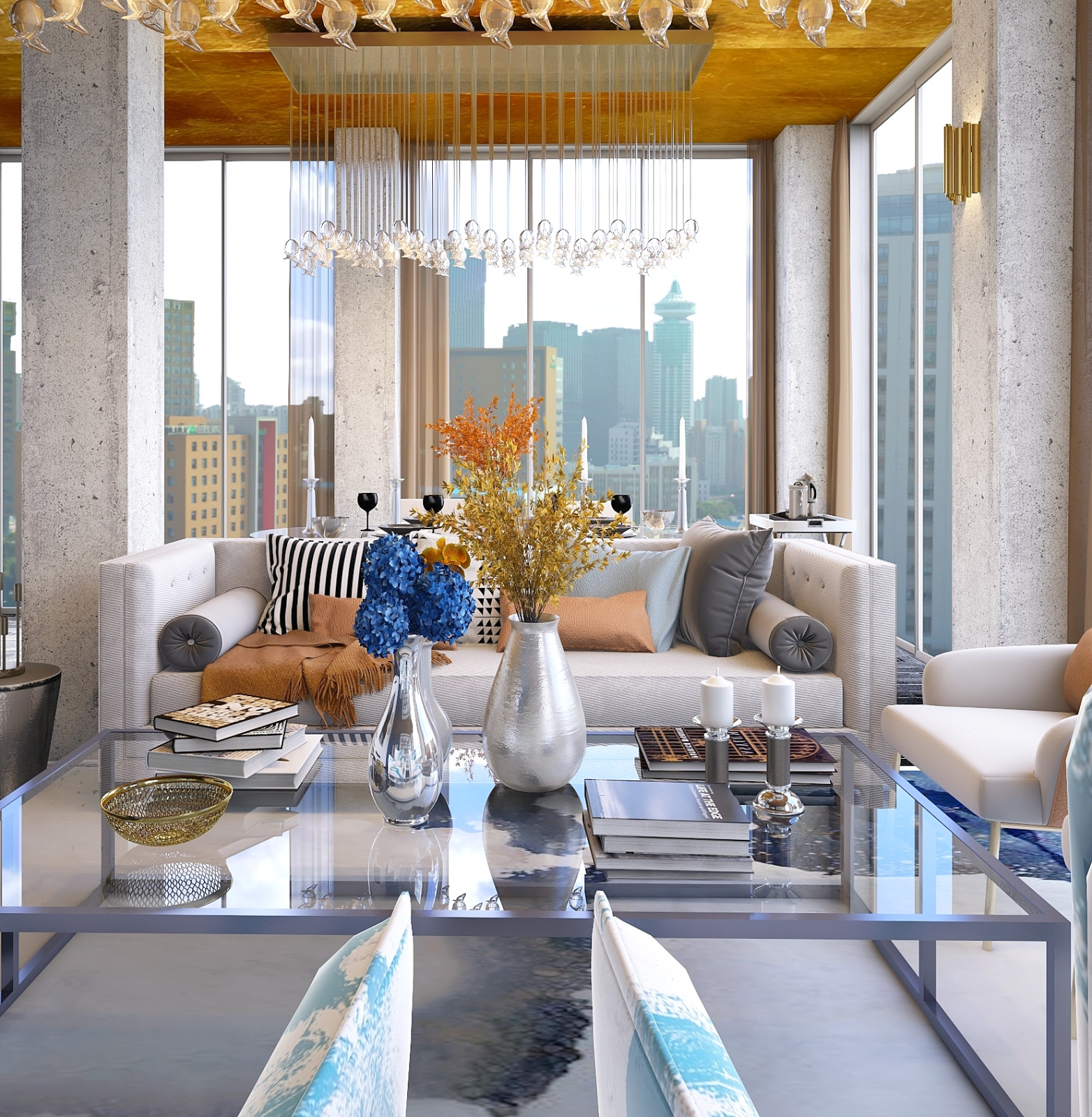 Большая гостиная с золотым потолком